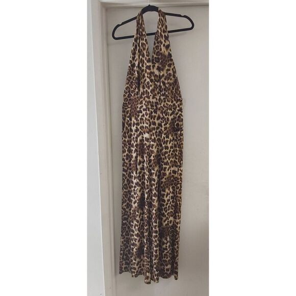 NWOT~VENUS Silky Leopard Print Front Slit Halter Style Jumpsuit Sz M - Picture 1 of 4